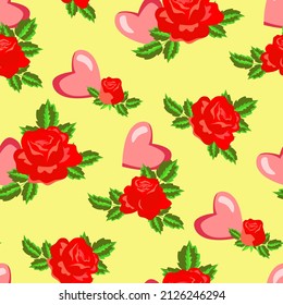 Vector - seamless pattern of love symbols, hearts and rose flowers.