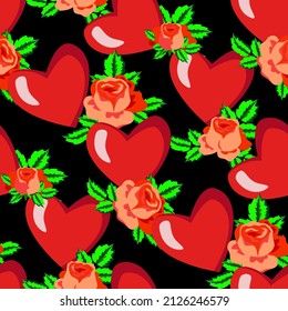 Vector - seamless pattern of love symbols, hearts and rose flowers.
