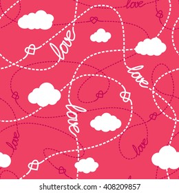 Vector seamless pattern with love words, hearts, tangled lines and clouds. Repeating abstract background for romantic design. Love conceptual texture. EPS8 vector illustration includes Pattern Swatch.