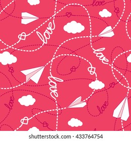 Vector seamless pattern with love words, hearts, tangled dashed lines, clouds and paper planes. Repeating romantic background. Love conceptual texture. EPS8 vector includes Pattern Swatch.