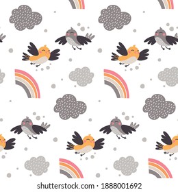 Patrón vectorial sin fisuras con aves, nubes y arcoíris adorables