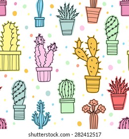 Vector seamless pattern of lovely color cacti and plants in pots, hand drawn flowers.