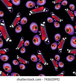 Vector seamless pattern. Lovely frightened  lilac cartoon monsters. On a black background