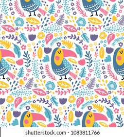 vector seamless pattern, lovely toucan birds and exotic flowers on white background