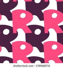 Vector seamless pattern of lower case letter R of English alphabet in pink tones. Perfect for books, posters, stickers, decorations, stationary, notebooks.