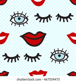 Vector seamless pattern with lowered lashes, blue eye, smile red lips. Hand drawn cute and funny fashion illustration. Modern doodle pop art sketch 