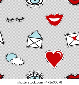 Vector seamless pattern with lowered lashes, blue eye, two clouds, open mail envelope, love mail, red heart, smile lips, red lips. Modern doodle pop art background formed badges, stickers or pins.