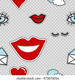 Vector seamless pattern with lowered lashes, blue eye, two clouds, open mail envelope, love mail, red heart, smile lips, red lips. Modern doodle pop art background formed badges, stickers or pins.
