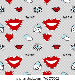 Vector seamless pattern with lowered lashes, blue eye, two clouds, open mail envelope, love mail, red heart, smile lips, red lips. Hand drawn cute and funny fashion illustration patches or stickers.