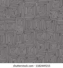 Vector seamless pattern with L-shaped white line figures on gray backdrop. Bent shapes seamless abstract pattern. Abstract wallpaper. Convoluted figures pattern.