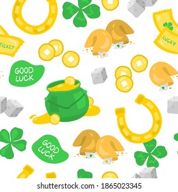 Vector seamless pattern of luck objects. Coins, four leaf clovers, fortune cookies, pot of gold, golden horseshoe. Luck symbols isolated on white background.