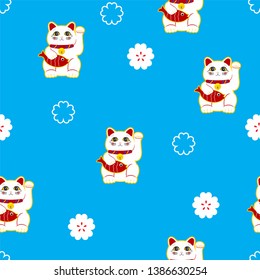 Vector seamless pattern of Lucky Cat Maneki Neko. 