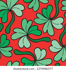 Vector seamless pattern with lucky four leaf clovers in old school cartoon design
