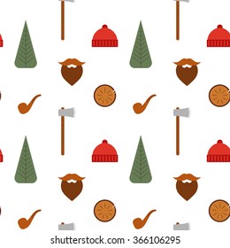 Vector seamless pattern with lumberjack icons: mustache, tree, axe, beanie, pipe.