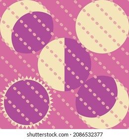 Vector seamless pattern of lunar cycles: eclipse, full moon, waning moon, new moon with dotted diagonals. Pink, lilac, violet, yellow. For textiles, wrapping paper, tissue.