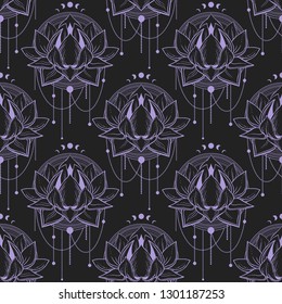 Vector seamless pattern. Lush lotus flowers on black background