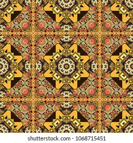 Vector seamless pattern, luxurious colourful old design. Carpet with ethnic ornament. Motley center in green, brown and yellow tones.