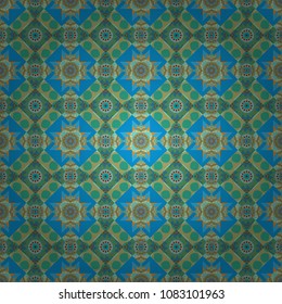 Vector seamless pattern, luxurious colourful old design. Carpet with ethnic ornament. Motley center in blue, brown and green tones.