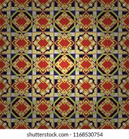 Vector seamless pattern, luxurious colourful old design. Carpet with ethnic ornament. Motley center in yellow, black and orange tones.