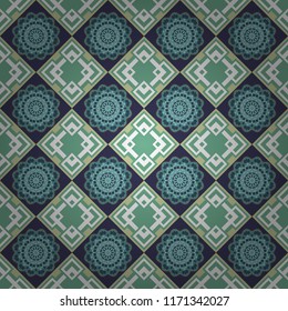 Vector seamless pattern, luxurious colourful old design. Carpet with ethnic ornament. Motley center in white, blue and green tones.