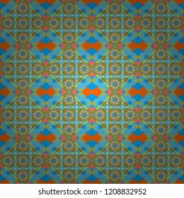 Vector seamless pattern, luxurious colourful old design. Carpet with ethnic ornament. Motley center in green, pink and blue tones.