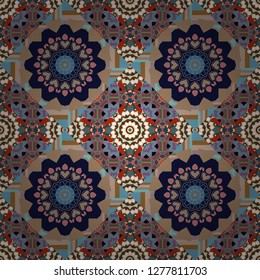 Vector seamless pattern, luxurious colourful old design. Motley center in beige, black and brown tones. Carpet with ethnic ornament.
