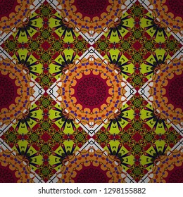 Vector seamless pattern, luxurious colourful old design. Carpet with ethnic ornament. Motley center in green, orange and red tones.