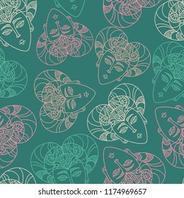 Vector seamless pattern luxurious ornament with ethnic masks. Design can be used for textiles, wallpaper, clothing, wrapping paper.