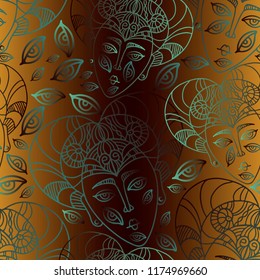 Vector seamless pattern luxurious ornament with ethnic masks. Design can be used for textiles, wallpaper, clothing, wrapping paper.