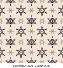 Vetor padrão sem emenda com estrelas de flocos de neve de Natal de luxo. Elegante textura geométrica de férias com cristais decorativos ornamentais. Fundo festivo de inverno. Preto e ouro design para têxteis, envoltório
