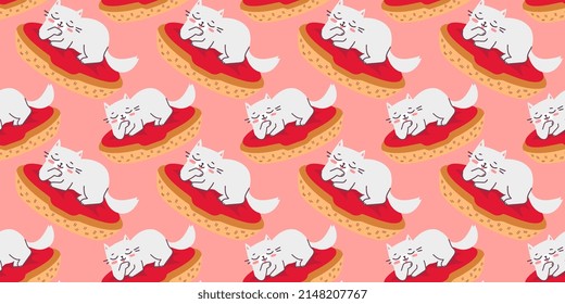 Vector seamless pattern with lying happy cat character on red pillow in basket on color background. Flat line art style design of cleaning and relaxing cute animal cat for web, greeting card, banner