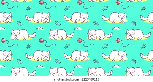 Vector seamless pattern with lying happy cat character with fish and ball on green color background. Flat line art style design of seamless pattern with cleaning and relaxing animal cat for web, card