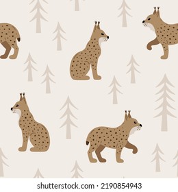 Vector seamless pattern with lynx in the wood. Endless Scandinavian background with forest animals. Cute baby pattern for wallpaper, fabric and textile. Wildlife vector illustration