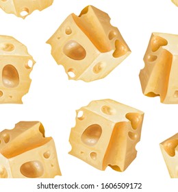 Vector seamless pattern of Maasdam cheese cube piece with holes and bubbles. Hand Drawn, realistic, a bit wet, shiny, appetizing, good flavor, perfect taste! Ingredient for an everyday meal, celebrate