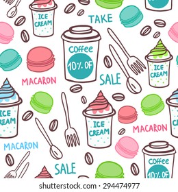 vector seamless pattern with macarons, coffee and icecream