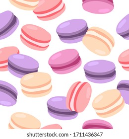 Vector seamless pattern of macarons with different tastes. Sweets background. Cartoon style.