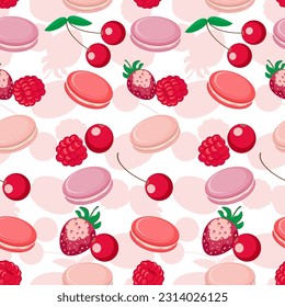 Vector seamless pattern with macaroon cookies, strawberry, raspberry and cherry fruits. French snack biscuits. Sweet macaron dessert wallpaper, wrapping paper.