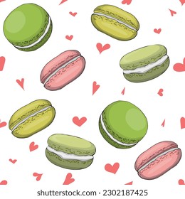 Vector seamless pattern of macaroons and hearts.