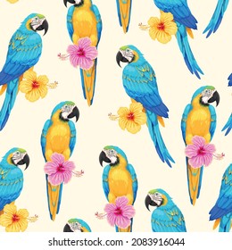 Vector seamless pattern with macaw and flowers
