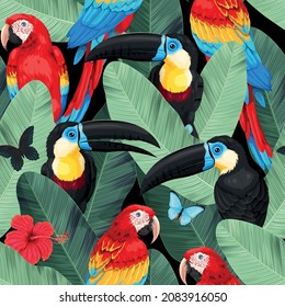 Vector seamless pattern with macaw and toucan