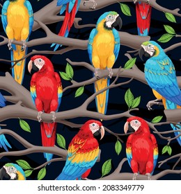 Vector seamless pattern with macaw and trees