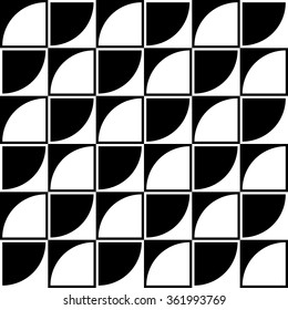 Vector seamless pattern made up of alternating light and dark elements .Black and white squares and circle sectors. 