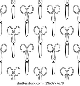 Vector seamless pattern made of black and white handmade elements. Dressmaker's scissors, needles, pins, threads, mouline and pincushion on a white background.