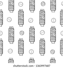 Vector seamless pattern made of black and white handmade elements. Dressmaker's scissors, needles, pins, threads, mouline and pincushion on a white background.