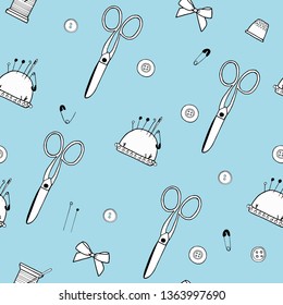 Vector seamless pattern made of black and white handmade elements. Dressmaker's scissors, needles, pins, threads, mouline and pincushion on a blue background.