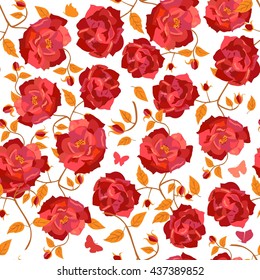 A vector seamless pattern made up by red roses with golden leaves and butterflies; a vintage style wallpaper