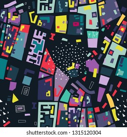 Vector seamless pattern made of colored polygons based on the city map on black background.
