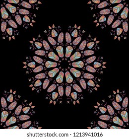 Vector seamless pattern made of colorful hand drawn floral elements on black background. Endless wallpaper in modern boho style. Tribal repeating texture. Seamless design for textile, surface, fabric.