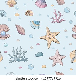 Vector seamless pattern made of different starfish, various shells and corals. Endless texture for design. Pink, blue and yellow color. Sea theme.