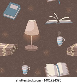 Vector seamless pattern made of different books, reading lamp, plaid and cup of tea. Endless texture for design. Brown, blue and yellow color. Comfort theme.
